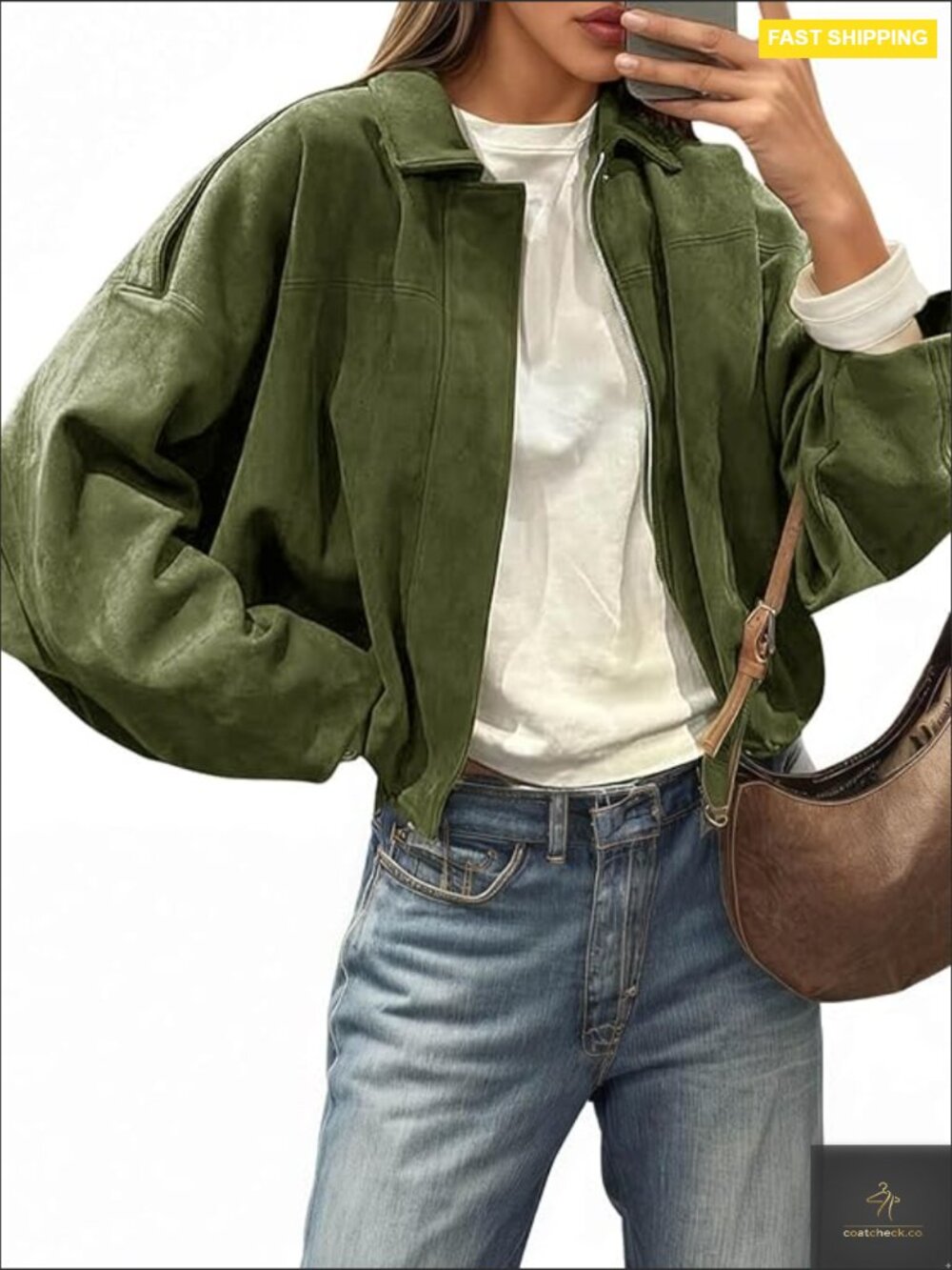 Oversized Cropped Bomber Jacket Faux Suede Lapel Collar Zip Up Casual Outerwear